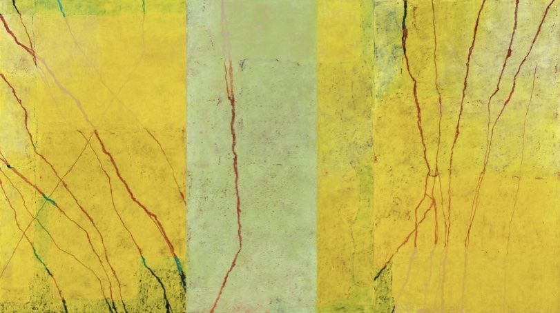 Paco Knöller: Opus 1, H 465 A, H 466 B, H 467 C / 2021, oil pastel and lacquer on wood, 168 x 300 x 6 cm, triptych, Wemhöner Collection
